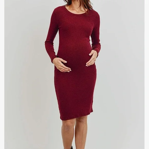 fitted lace wedding dress LaClef Women's Maternity Ribbed Sweater Dress with Long Sleeve (Dk Burgundy,Small)  at Amazon Women's Clothing store main image 0